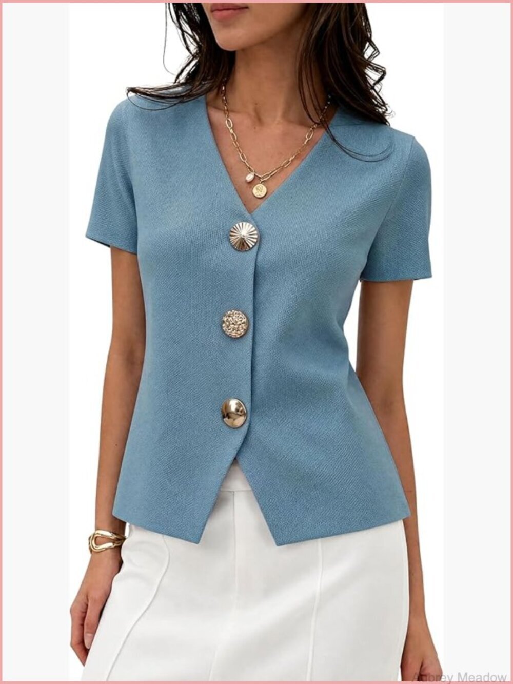 V Neck Short Sleeve Cropped Cardigan with Gold Buttons Knit Top